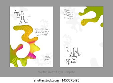 Set of abstract universal flyer templates with simple wavy shapes and cut paper with shadow over striped background. Social media web banner. Bright colored isolated.
