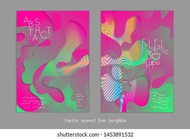 Set of abstract universal flyer templates with simple wavy shapes and cut paper with shadow over striped background. Social media web banner. Bright colored isolated.
