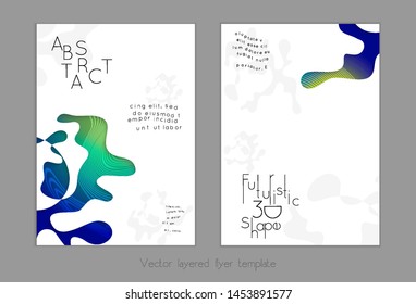 Set of abstract universal flyer templates with simple wavy shapes and cut paper with shadow over striped background. Social media web banner. Bright colored isolated.