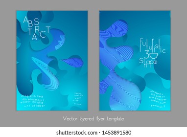 Set of abstract universal flyer templates with simple wavy shapes and cut paper with shadow over striped background. Social media web banner. Bright colored isolated.