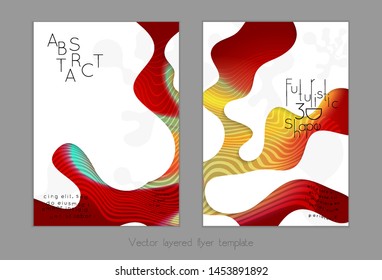 Set of abstract universal flyer templates with simple wavy shapes and cut paper with shadow over striped background. Social media web banner. Bright colored isolated.
