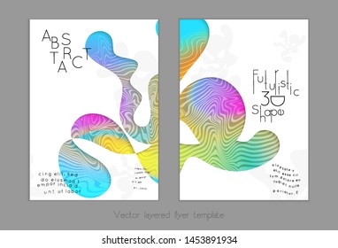 Set of abstract universal flyer templates with simple wavy shapes and cut paper with shadow over striped background. Social media web banner. Bright colored isolated.