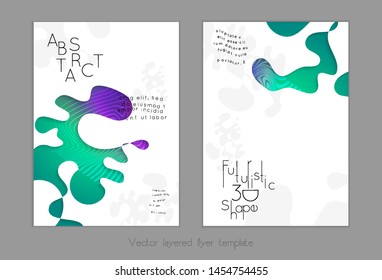 Set of abstract universal flyer templates with simple wavy shapes and cut paper with shadow over striped background. Social media web banner. Bright colored isolated.