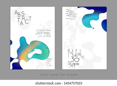 Set of abstract universal flyer templates with simple wavy shapes and cut paper with shadow over striped background. Social media web banner. Bright colored isolated.