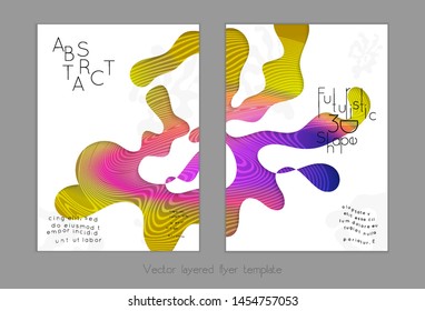 Set of abstract universal flyer templates with simple wavy shapes and cut paper with shadow over striped background. Social media web banner. Bright colored isolated.