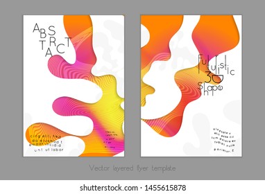 Set of abstract universal flyer templates with simple wavy shapes and cut paper with shadow over striped background. Social media web banner. Bright colored isolated.