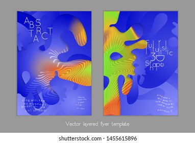 Set of abstract universal flyer templates with simple wavy shapes and cut paper with shadow over striped background. Social media web banner. Bright colored isolated.