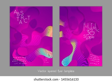 Set of abstract universal flyer templates with simple wavy shapes and cut paper with shadow over striped background. Social media web banner. Bright colored isolated.