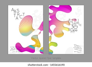 Set of abstract universal flyer templates with simple wavy shapes and cut paper with shadow over striped background. Social media web banner. Bright colored isolated.