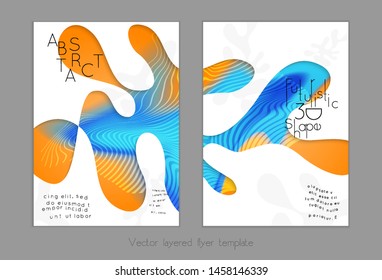 Set of abstract universal flyer templates with simple wavy shapes and cut paper with shadow over striped background. Social media web banner. Bright colored isolated.