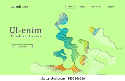 Set of abstract universal flyer templates with simple wavy shapes and cut paper with shadow over striped background. Social media web banner. Bright colored isolated.