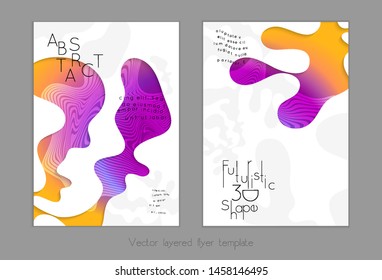 Set of abstract universal flyer templates with simple wavy shapes and cut paper with shadow over striped background. Social media web banner. Bright colored isolated.