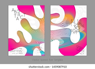 Set of abstract universal flyer templates with simple wavy shapes and cut paper with shadow over striped background. Social media web banner. Bright colored isolated.