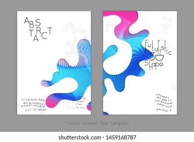 Set of abstract universal flyer templates with simple wavy shapes and cut paper with shadow over striped background. Social media web banner. Bright colored isolated.