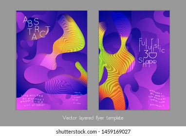 Set of abstract universal flyer templates with simple wavy shapes and cut paper with shadow over striped background. Social media web banner. Bright colored isolated.