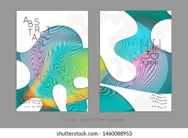 Set of abstract universal flyer templates with simple wavy shapes and cut paper with shadow over striped background. Social media web banner. Bright colored isolated.
