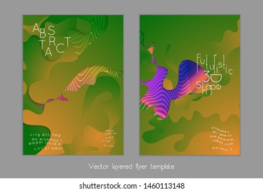 Set of abstract universal flyer templates with simple wavy shapes and cut paper with shadow over striped background. Social media web banner. Bright colored isolated.