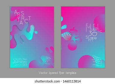 Set of abstract universal flyer templates with simple wavy shapes and cut paper with shadow over striped background. Social media web banner. Bright colored isolated.
