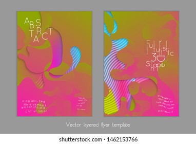 Set of abstract universal flyer templates with simple wavy shapes and cut paper with shadow over striped background. Social media web banner. Bright colored isolated.