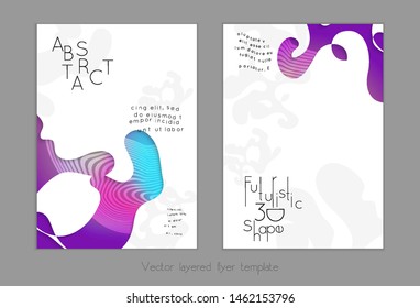 Set of abstract universal flyer templates with simple wavy shapes and cut paper with shadow over striped background. Social media web banner. Bright colored isolated.