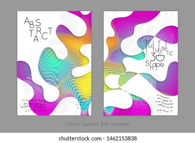 Set of abstract universal flyer templates with simple wavy shapes and cut paper with shadow over striped background. Social media web banner. Bright colored isolated.