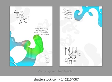 Set of abstract universal flyer templates with simple wavy shapes and cut paper with shadow over striped background. Social media web banner. Bright colored isolated.
