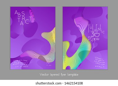 Set of abstract universal flyer templates with simple wavy shapes and cut paper with shadow over striped background. Social media web banner. Bright colored isolated.