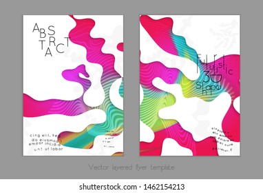 Set of abstract universal flyer templates with simple wavy shapes and cut paper with shadow over striped background. Social media web banner. Bright colored isolated.