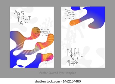 Set of abstract universal flyer templates with simple wavy shapes and cut paper with shadow over striped background. Social media web banner. Bright colored isolated.