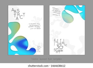 Set of abstract universal flyer templates with simple wavy shapes and cut paper with shadow over striped background. Social media web banner. Bright colored isolated.