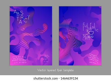 Set of abstract universal flyer templates with simple wavy shapes and cut paper with shadow over striped background. Social media web banner. Bright colored isolated.
