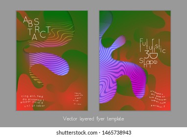 Set of abstract universal flyer templates with simple wavy shapes and cut paper with shadow over striped background. Social media web banner. Bright colored isolated.