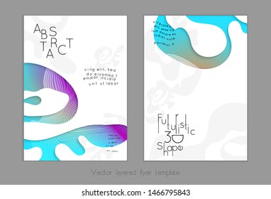 Set of abstract universal flyer templates with simple wavy shapes and cut paper with shadow over striped background. Social media web banner. Bright colored isolated.