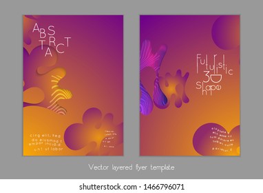 Set of abstract universal flyer templates with simple wavy shapes and cut paper with shadow over striped background. Social media web banner. Bright colored isolated.