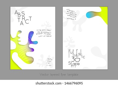 Set of abstract universal flyer templates with simple wavy shapes and cut paper with shadow over striped background. Social media web banner. Bright colored isolated.