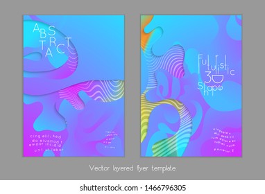Set of abstract universal flyer templates with simple wavy shapes and cut paper with shadow over striped background. Social media web banner. Bright colored isolated.