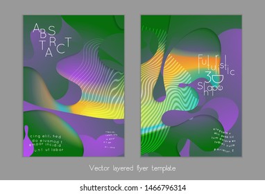 Set of abstract universal flyer templates with simple wavy shapes and cut paper with shadow over striped background. Social media web banner. Bright colored isolated.