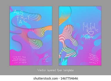 Set of abstract universal flyer templates with simple wavy shapes and cut paper with shadow over striped background. Social media web banner. Bright colored isolated.