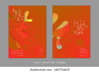 Set of abstract universal flyer templates with simple wavy shapes and cut paper with shadow over striped background. Social media web banner. Bright colored isolated.