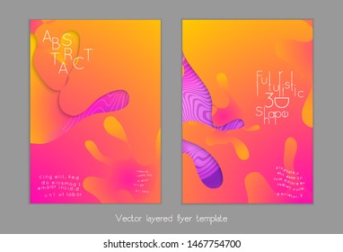 Set of abstract universal flyer templates with simple wavy shapes and cut paper with shadow over striped background. Social media web banner. Bright colored isolated.