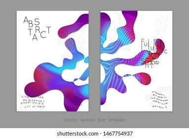Set of abstract universal flyer templates with simple wavy shapes and cut paper with shadow over striped background. Social media web banner. Bright colored isolated.