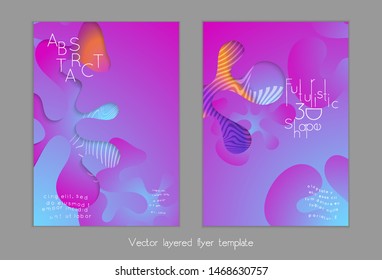 Set of abstract universal flyer templates with simple wavy shapes and cut paper with shadow over striped background. Social media web banner. Bright colored isolated.