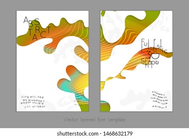 Set of abstract universal flyer templates with simple wavy shapes and cut paper with shadow over striped background. Social media web banner. Bright colored isolated.