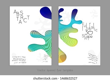 Set of abstract universal flyer templates with simple wavy shapes and cut paper with shadow over striped background. Social media web banner. Bright colored isolated.