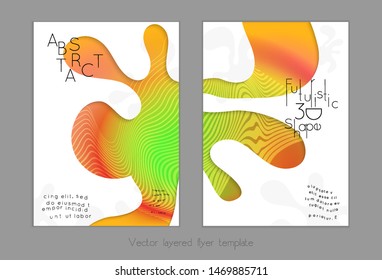 Set of abstract universal flyer templates with simple wavy shapes and cut paper with shadow over striped background. Social media web banner. Bright colored isolated.