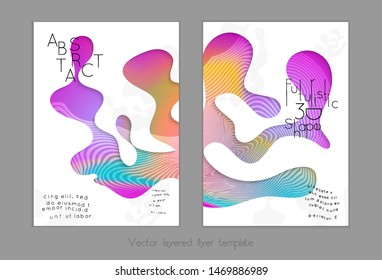 Set of abstract universal flyer templates with simple wavy shapes and cut paper with shadow over striped background. Social media web banner. Bright colored isolated.