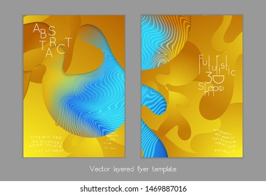 Set of abstract universal flyer templates with simple wavy shapes and cut paper with shadow over striped background. Social media web banner. Bright colored isolated.