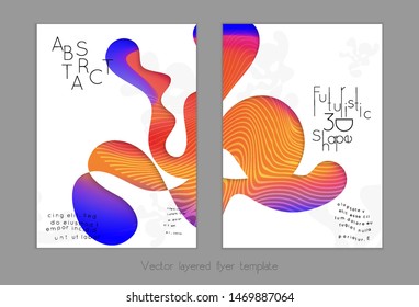 Set of abstract universal flyer templates with simple wavy shapes and cut paper with shadow over striped background. Social media web banner. Bright colored isolated.
