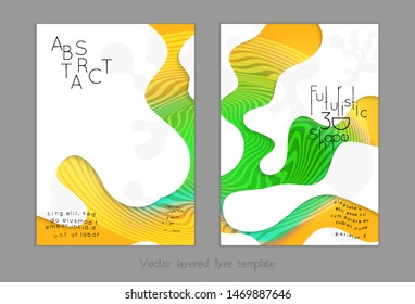 Set of abstract universal flyer templates with simple wavy shapes and cut paper with shadow over striped background. Social media web banner. Bright colored isolated.