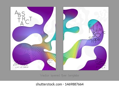 Set of abstract universal flyer templates with simple wavy shapes and cut paper with shadow over striped background. Social media web banner. Bright colored isolated.